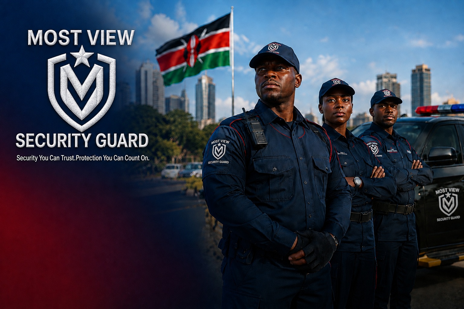 Uniformed Most View security officers on duty at a corporate site at dusk